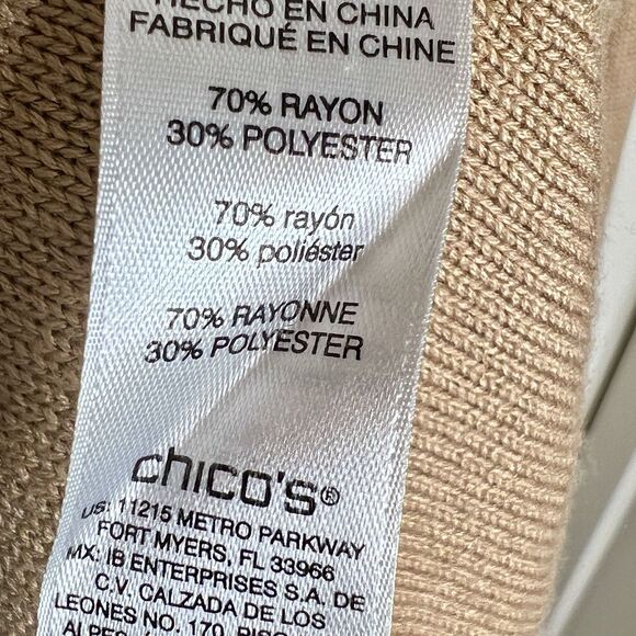 Chico's Knit Top Sz 2-Large Tan 3/4 Sleeve Gold Buttons At Shoulder - Picture 8 of 8